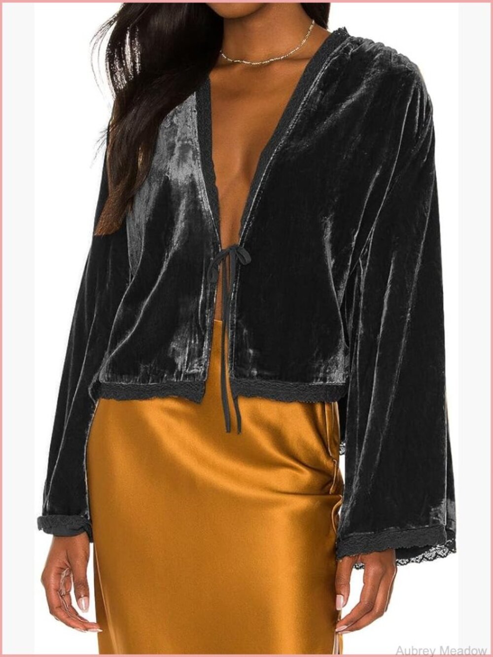 Women's Velvet Bell Sleeve Tie Front Lace Trim Vintage Kimono Cardigan Short